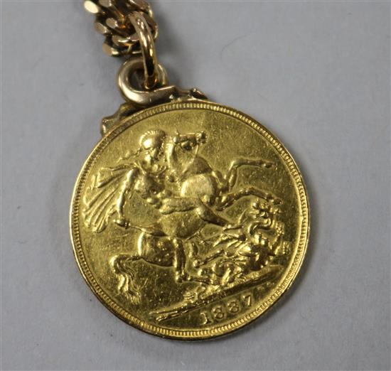 A Victorian 1887 gold full sovereign, now with pendant mount, on a 9ct gold chain.